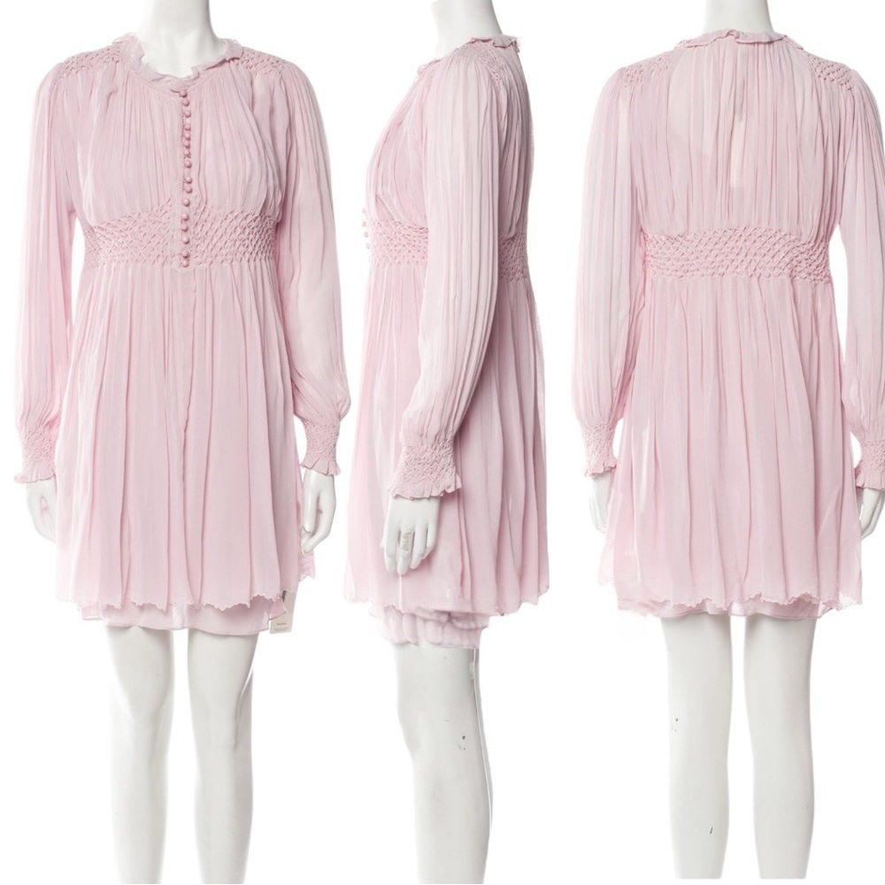 LOVESHACKFANCY Belinda Smocked A-Line Swing Long Sleeve Button-down Mini Dress - Picture 10 of 15